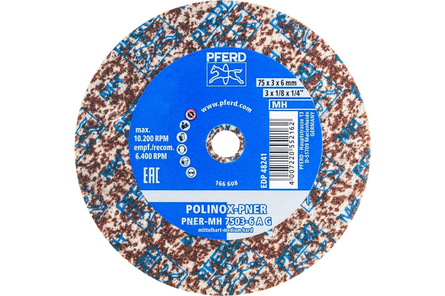 Picture of Pferd Polinox® Unitized Wheel, 3" X 1/8 X 1/4, Coarse, Medium-Hard, 6Ac, Aluminum Oxide